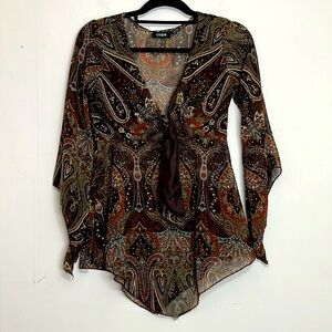 🌞 Coupe vintage sheer brown paisley waist tie v-neck flair sleeve blouse M